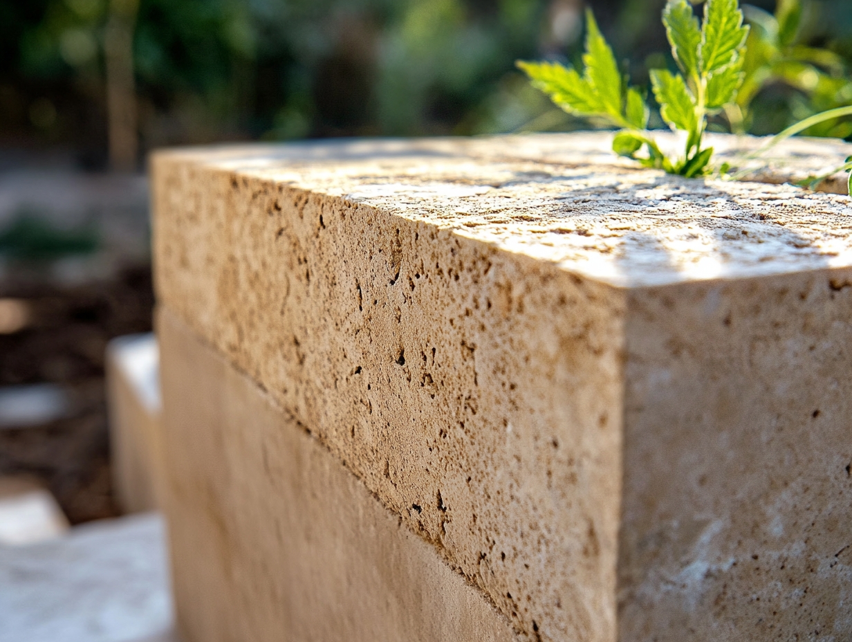 Hempcrete blocks. This cross section photos shows the material elements of this organic building material.