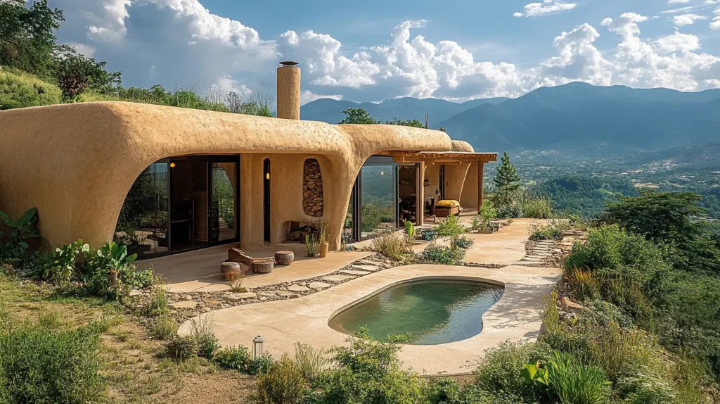 Organic design at its finest. A hemp lime adobe structure sits naturally in the side of rugged terrain.