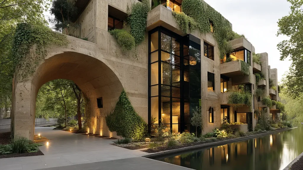 Hempcrete built apartment block with driveway. Organic building material suits urban living well.